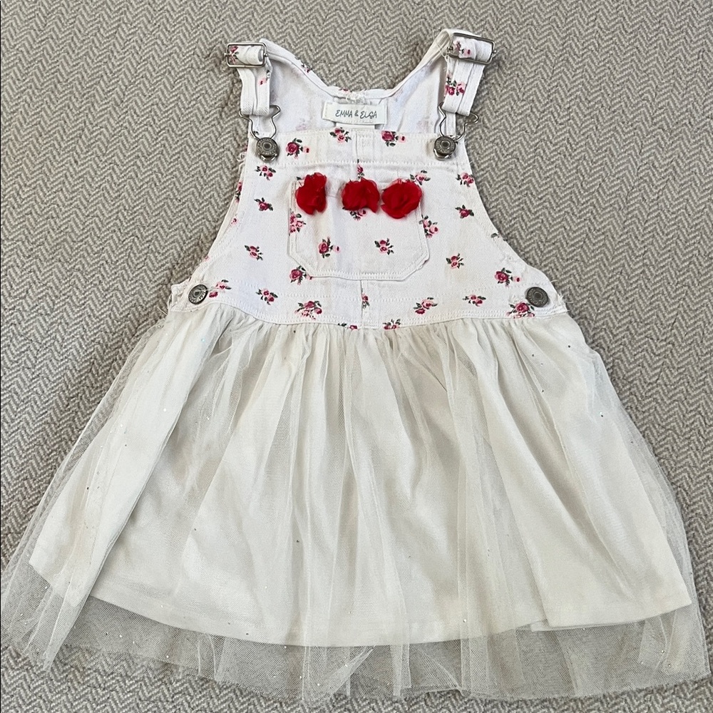 EMMA & ELSA White‎ Canvas Floral Tulle Jumper with Red Accents 4T